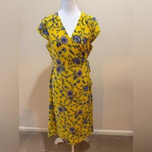 Banana Republic Yellow and Blue Floral Midi Wrap Dress Size 10P